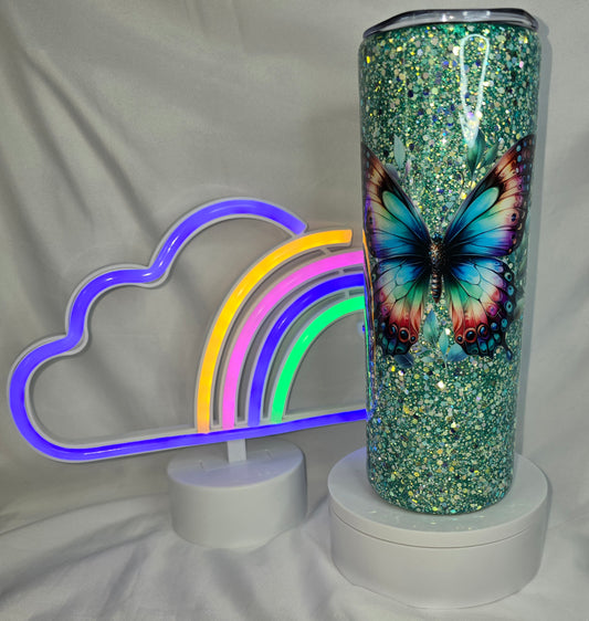 179-20 oz green glitter butterfly tumbler