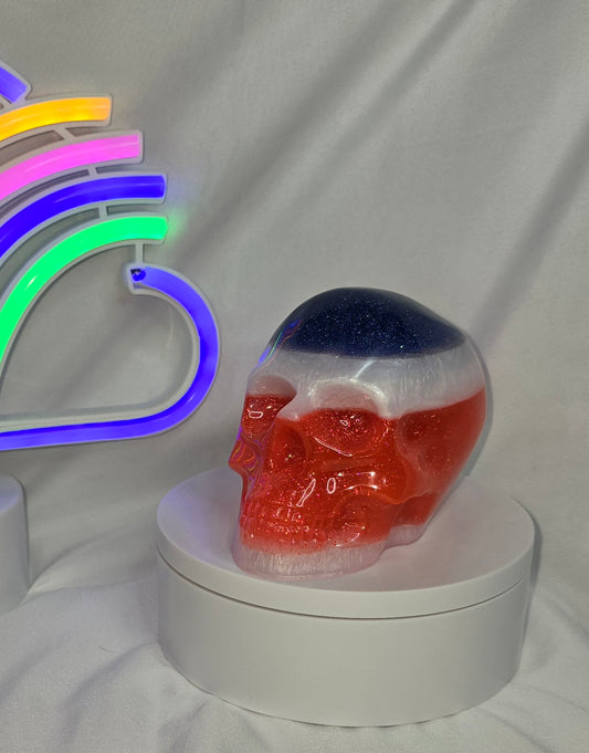 Large red white and blue resin skull