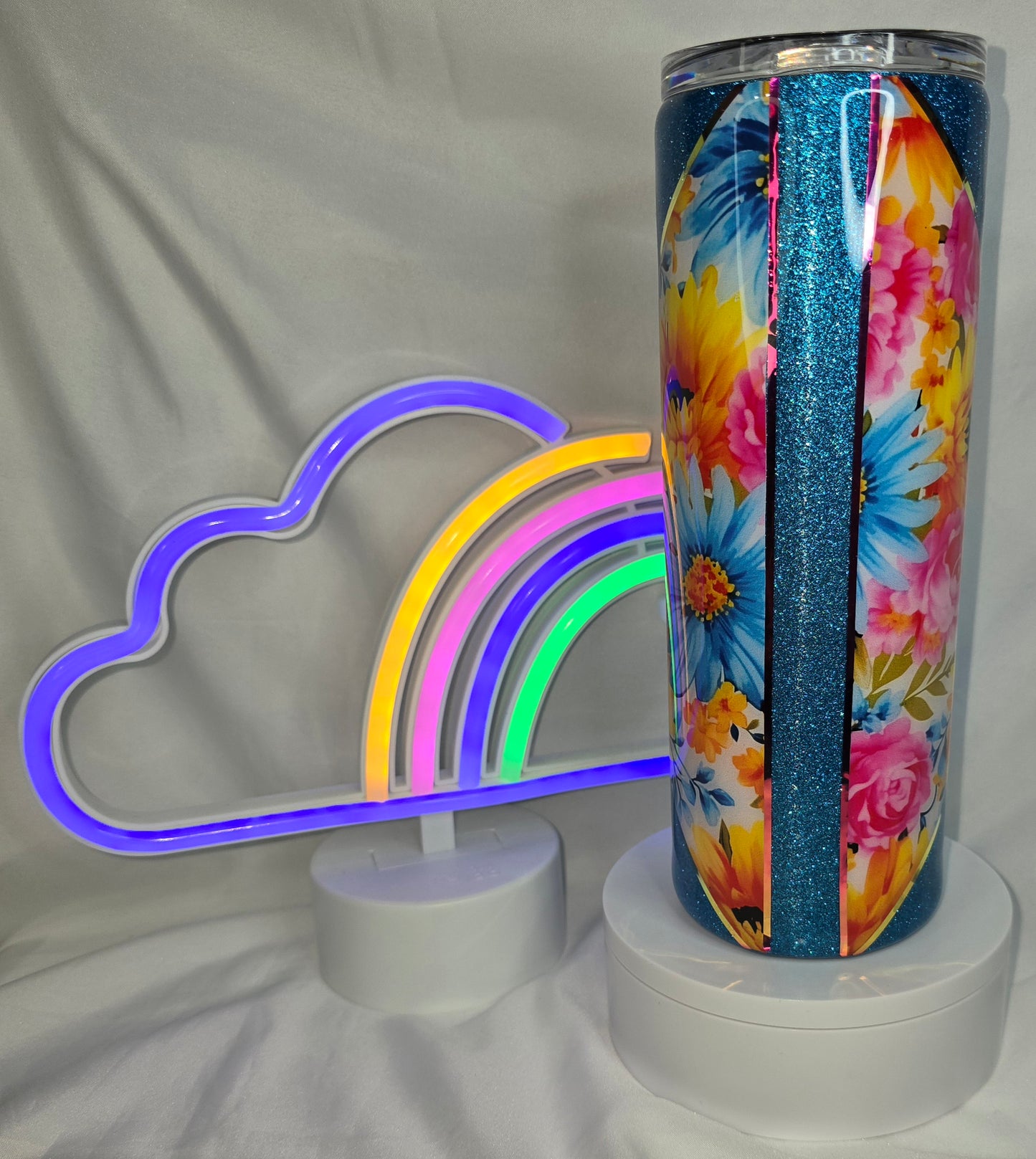 180- 20 oz blue glitter floral tumbler