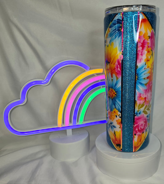 180- 20 oz blue glitter floral tumbler