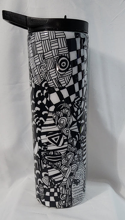 3-Black and White 30oz hand drawn Tangle Art Tumbler