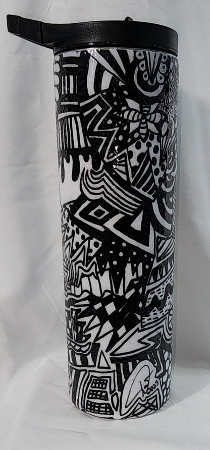 4-Black and white 30oz Black and White hand drawn Tangle Art Tumbler#2(Textured)