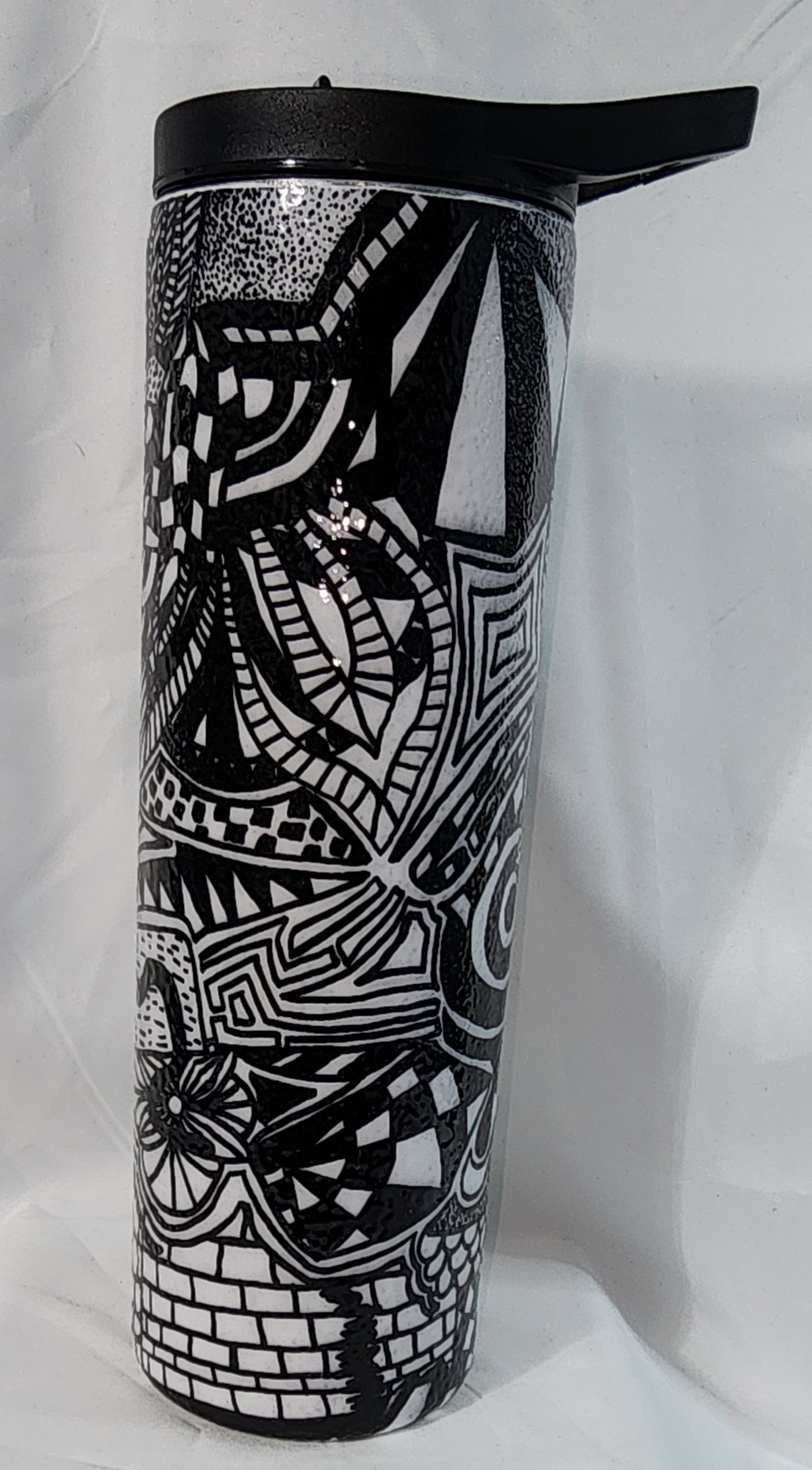 4-Black and white 30oz Black and White hand drawn Tangle Art Tumbler#2(Textured)