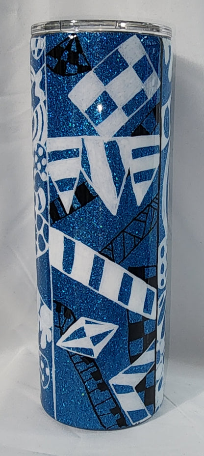 12-White and Black Tangle Art on blue glitter base 20oz Skinny Tumbler