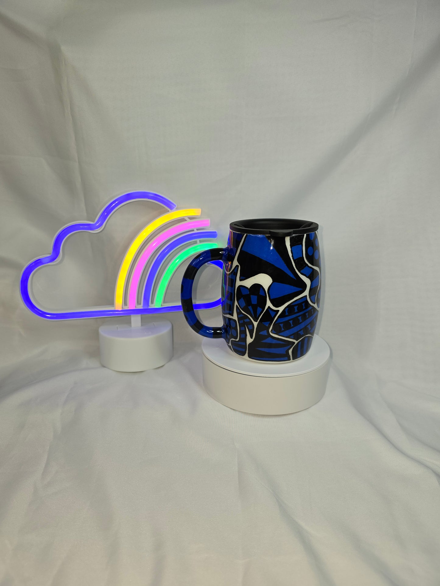 64-Hand painted Blue and Black Zentangle coffee cup 14oz