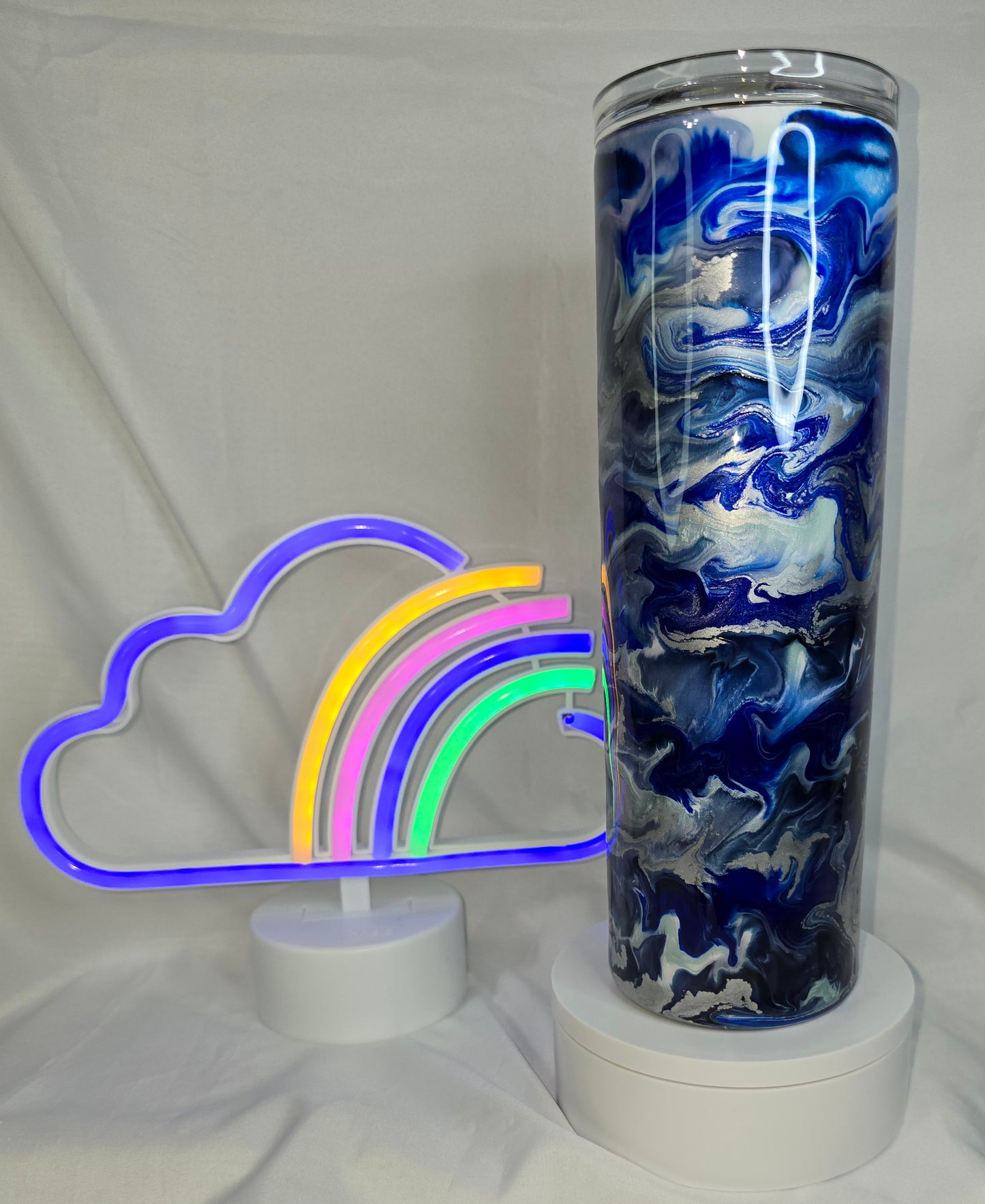 89-30 oz blue and silver stainless tumbler