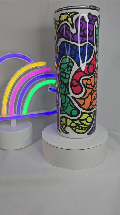 20-Rainbow hand drawn tangle art 20oz skinny duo tumbler