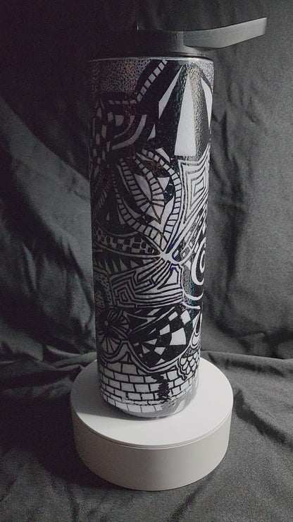 4-Black and white 30oz Black and White hand drawn Tangle Art Tumbler#2(Textured)