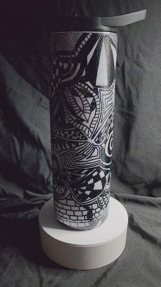 4-Black and white 30oz Black and White hand drawn Tangle Art Tumbler#2(Textured)