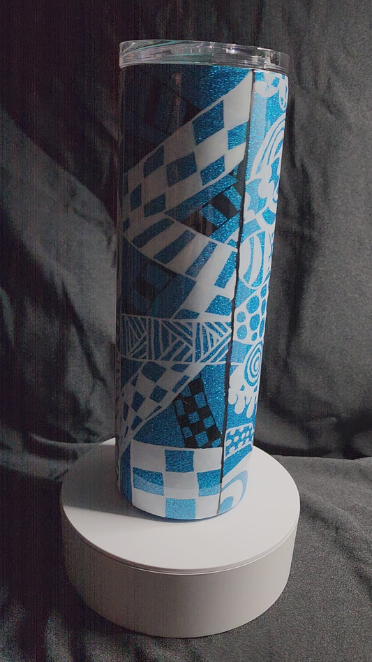 12-White and Black Tangle Art on blue glitter base 20oz Skinny Tumbler