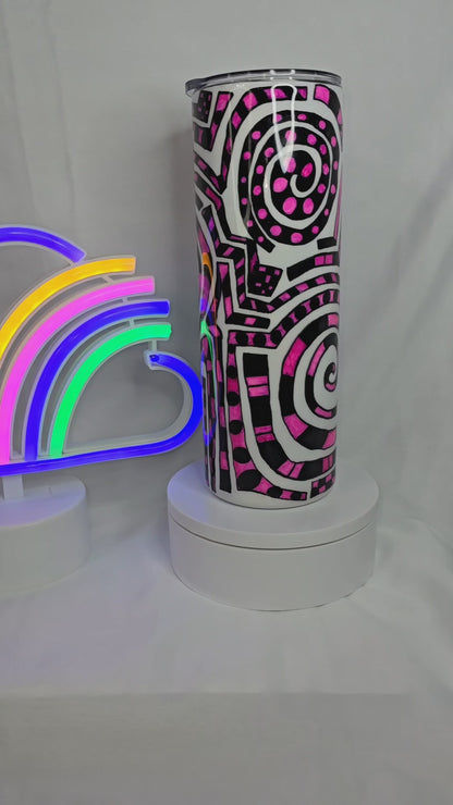 146- 20 oz hand painted pink and black tangle art tumbler