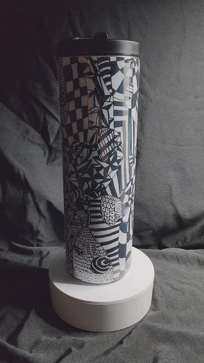 3-Black and White 30oz hand drawn Tangle Art Tumbler