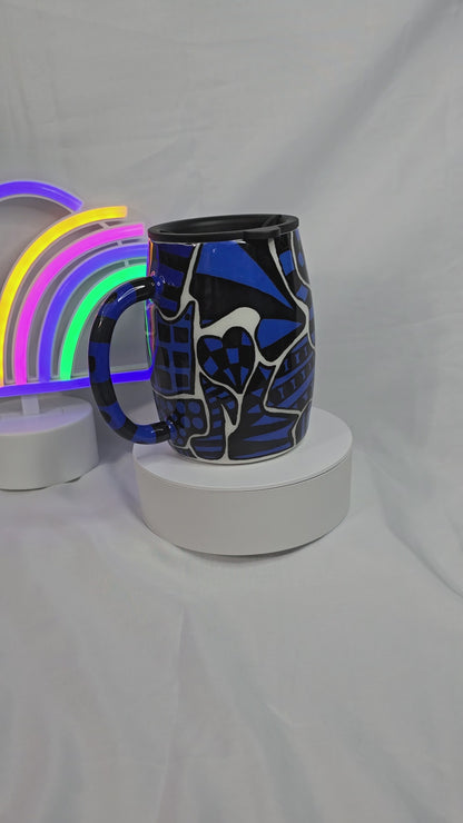 64-Hand painted Blue and Black Zentangle coffee cup 14oz